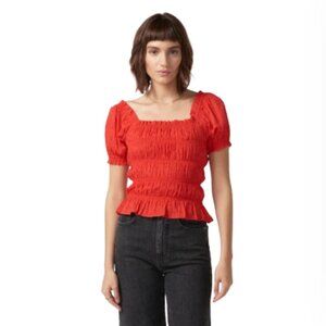 NWT Self Contrast Alana Smocking Top Shirt Womens Small Red Smocked Puff Sleeve
